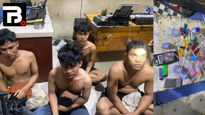 Petugas Brimob dan Polres Belawan sedang melakukan penggerebekan barak narkoba di kawasan Melati